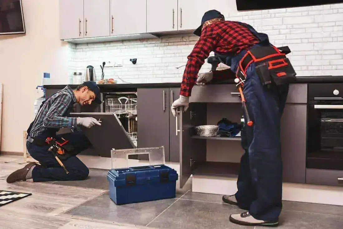 Two technicians repairing kitchen appliances.
