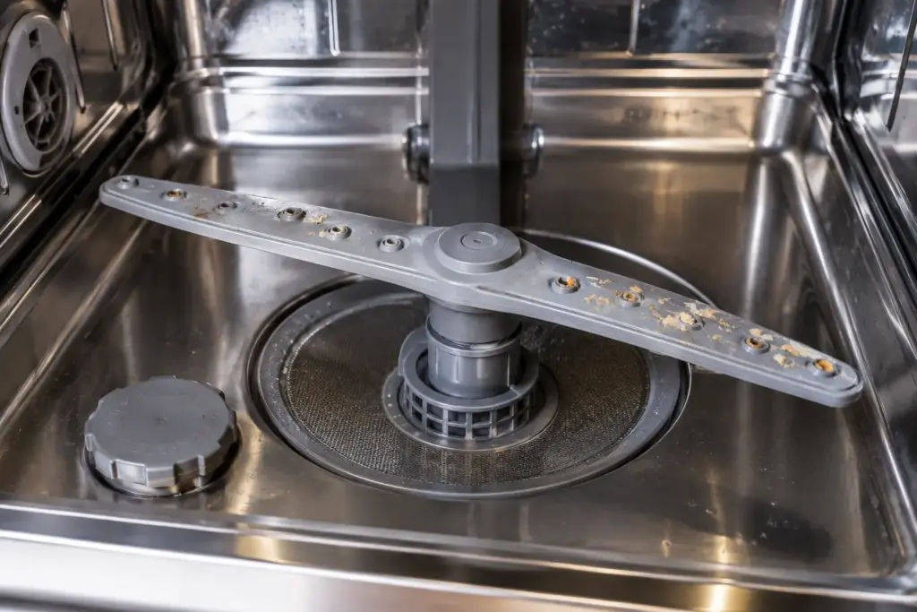 dishwasher-spray-arm-clogged Clogged dishwasher spray arm with blocked spray holes