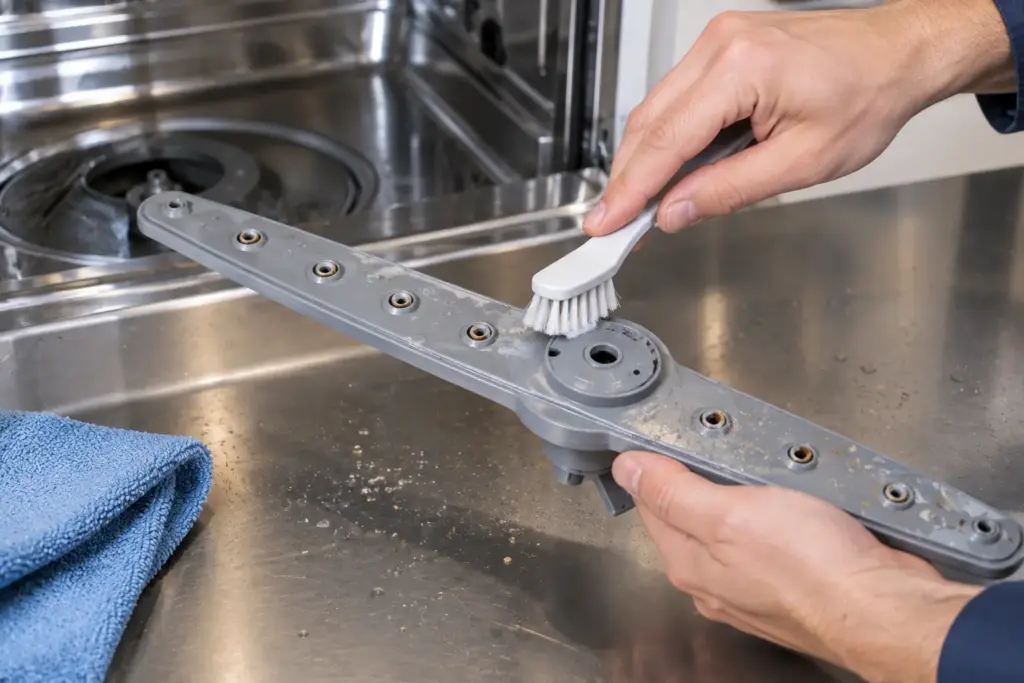 how-to-clean-dishwasher-spray-arm Cleaning clogged dishwasher spray arm holes with a soft brush