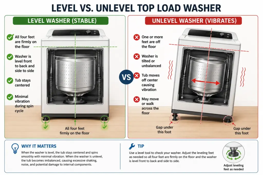 Comparison showing a properly leveled top-load washer next to an unlevel washer causing excessive vibration.