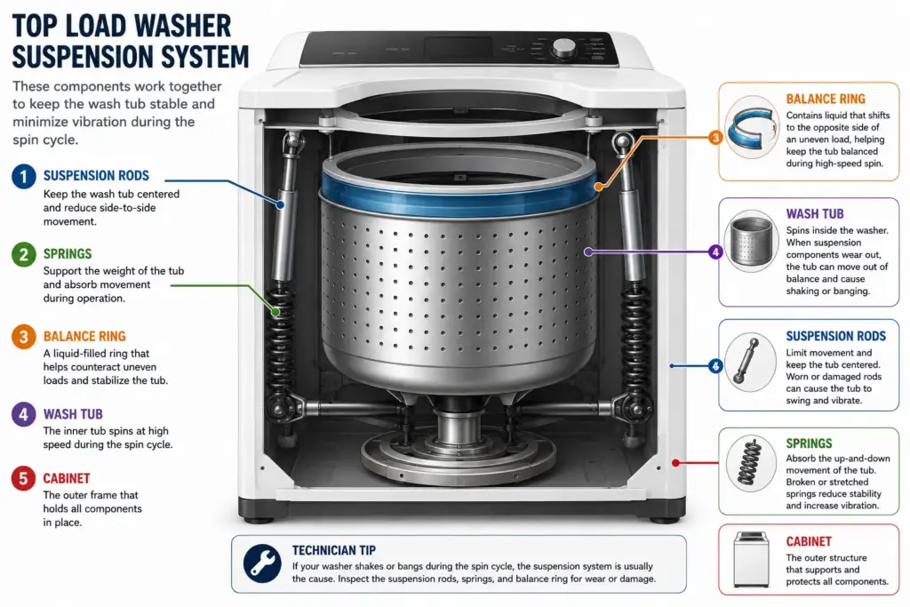 Illustration showing the suspension rods, springs, balance ring, and wash tub inside a top-load washing machine.
