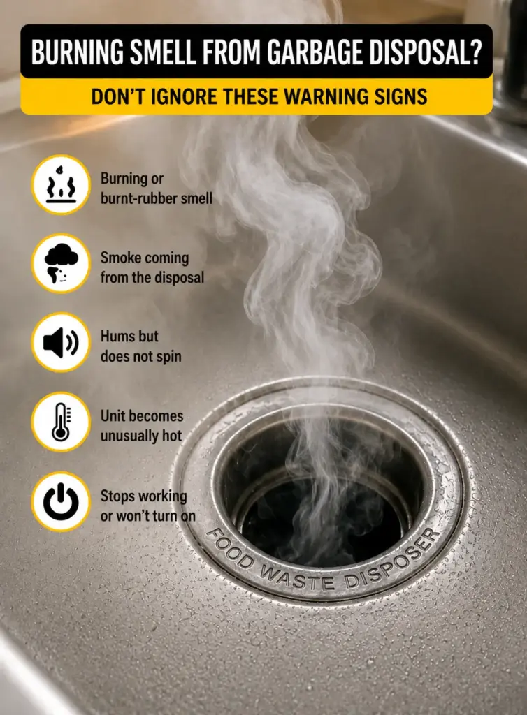 Garbage disposal with a burning smell and signs of overheating