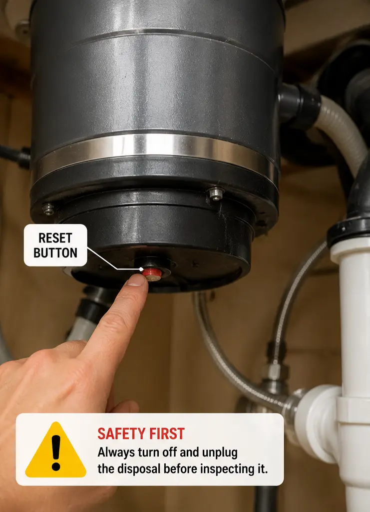 Garbage disposal reset button under the sink for safe troubleshooting
