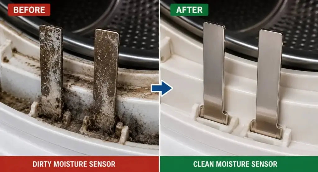 before-after-cleaning-dryer-moisture-sensor Before and after cleaning a dryer moisture sensor to restore accurate drying performance