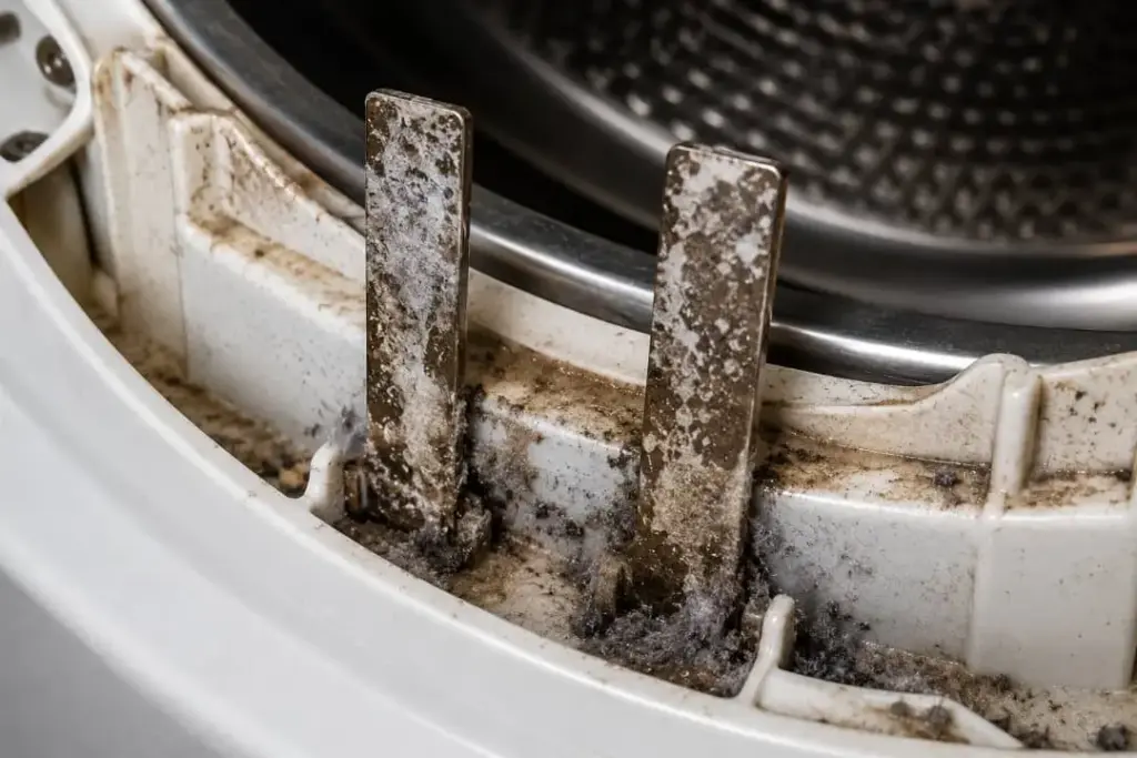 dirty-dryer-moisture-sensor-bars Dirty dryer moisture sensor bars covered with fabric softener residue causing inaccurate moisture detection
