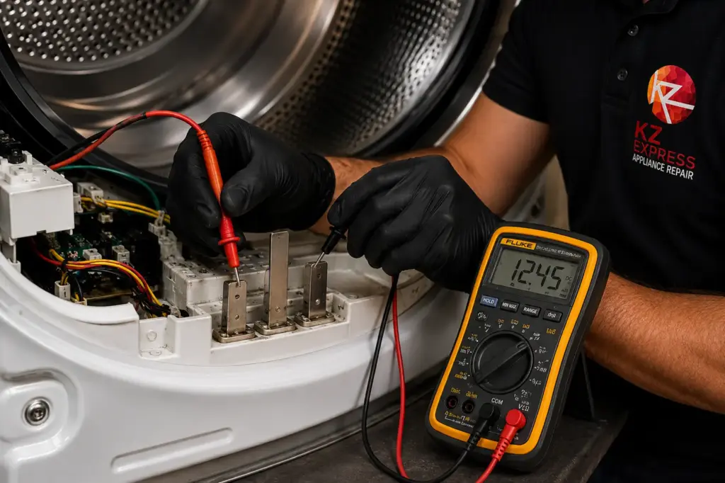 testing-dryer-moisture-sensor Technician testing a faulty dryer moisture sensor during a professional dryer repair in Baltimore, MD